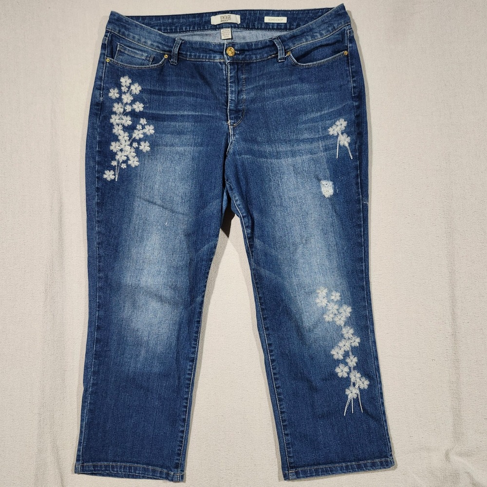 Vintage America Blues Boho Crop Jeans Women's Size 14‎ Floral Embroidered Denim